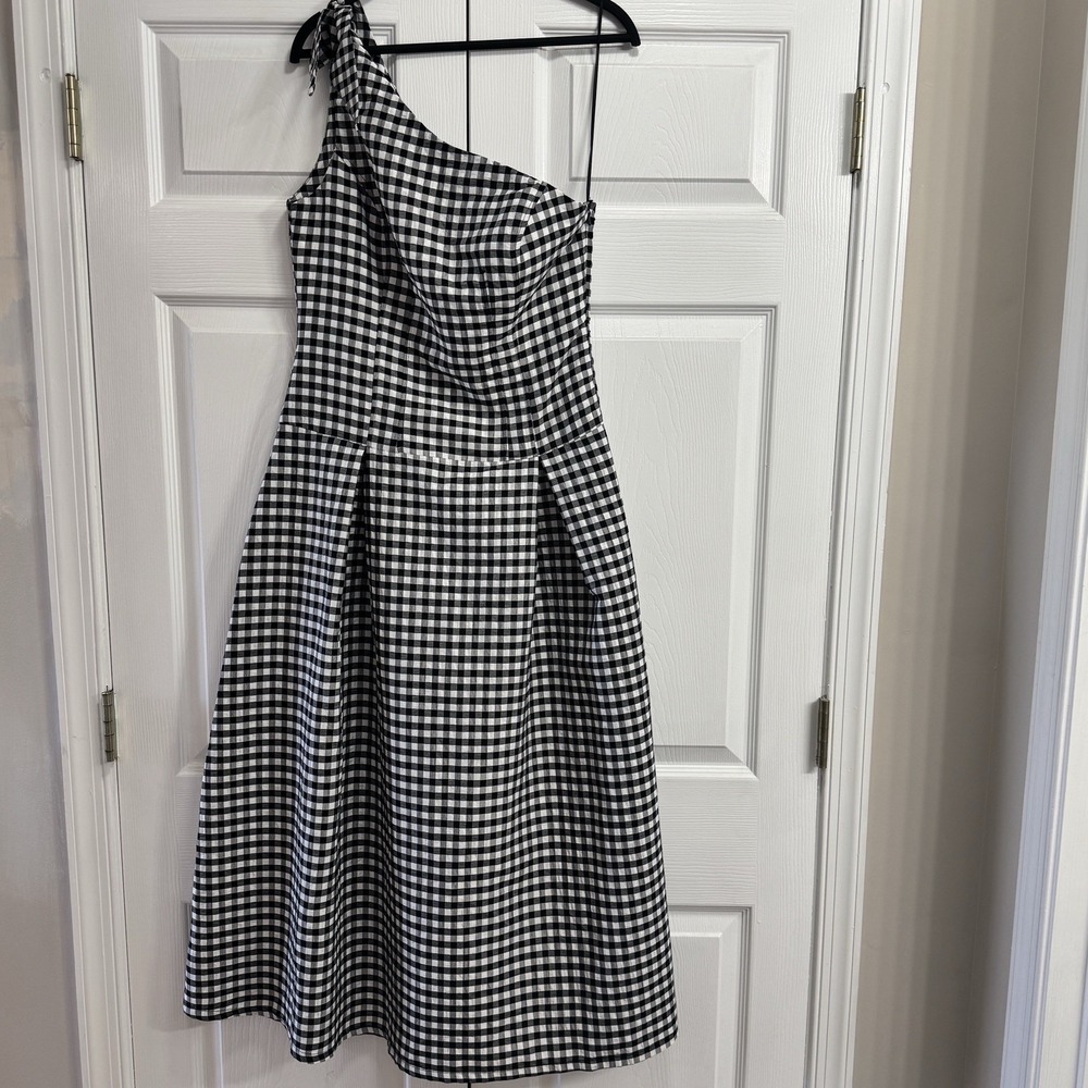 By Anthropologie One Shoulder Gingham Midi Dress Classic Black White Medium NWT - Picture 1 of 7
